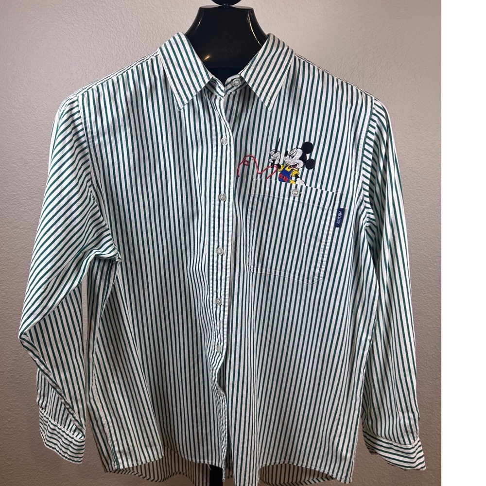 Mickey Unlimited Jerry Leigh Men's Large Green White Striped Button Down Shirt